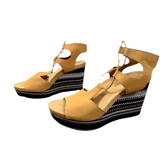 Lucky Brand Yejida Wedge Sandals Size 8.5 Tan Leather Espadrille Strappy Bungee - Picture 1 of 9